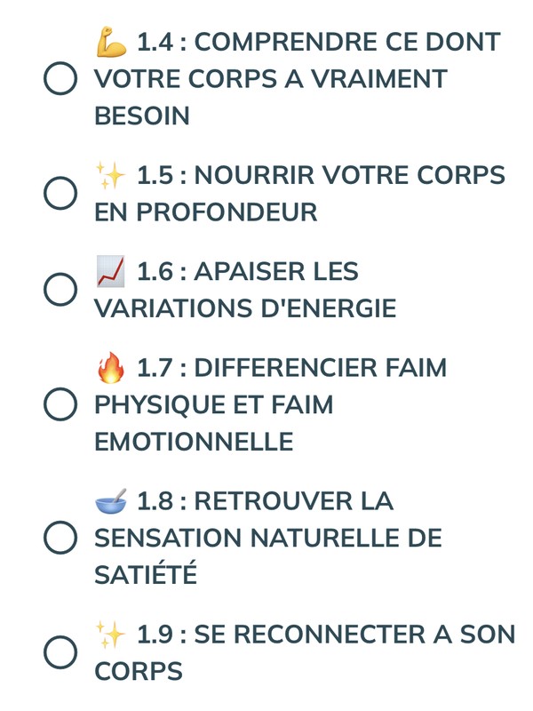 Titres des leçons du module Se nourrir, de 1.4 à 1.9